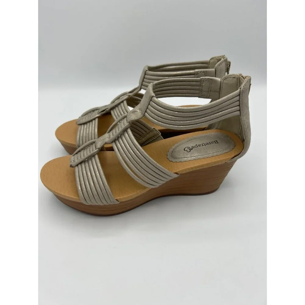 Baretraps Women's Strappy Stetchy Wedge Sandals Size 8M Gray Metallic